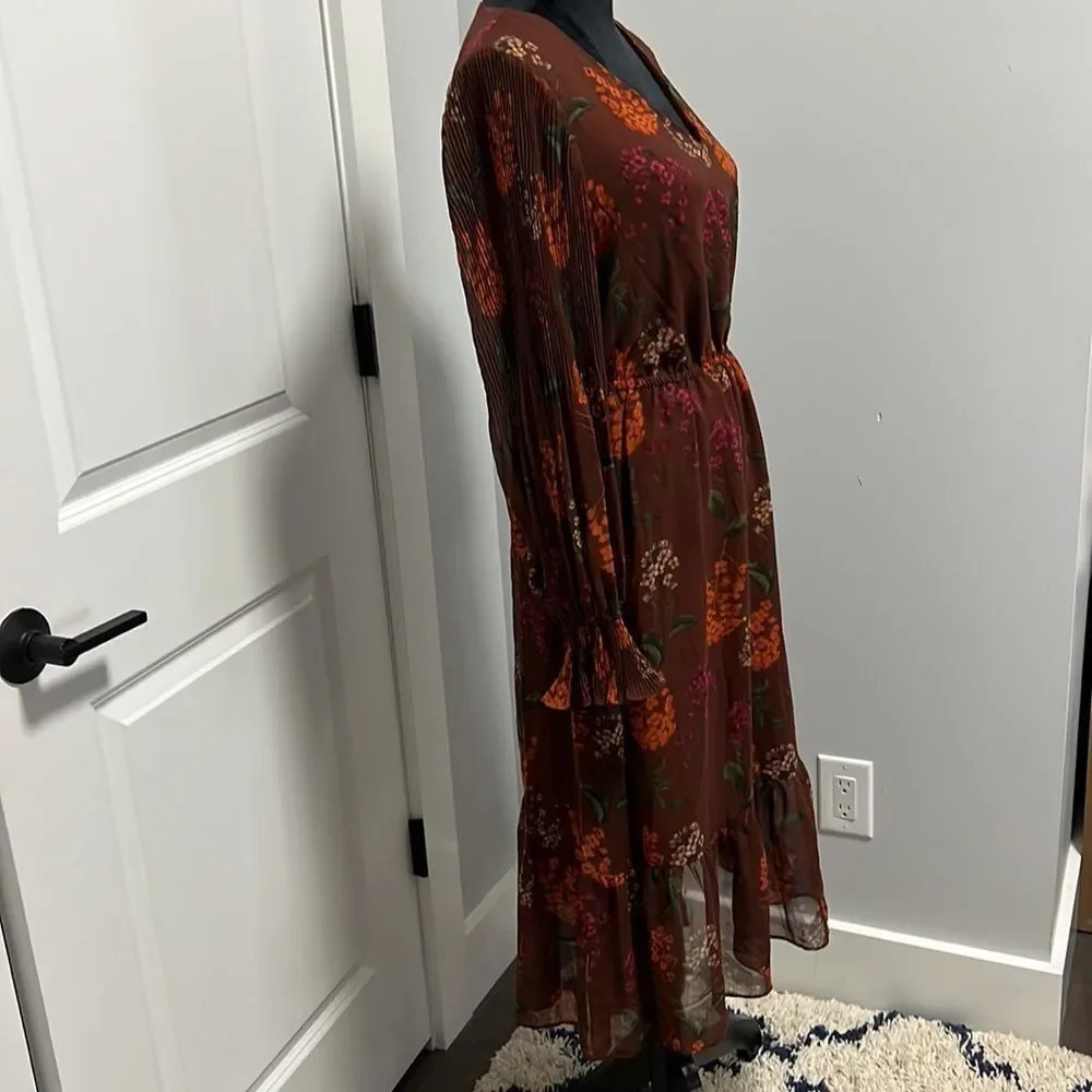 Gibson * Latimer Floral Brown Long Sleeve Midi Boho Dress size Small - Picture 6 of 9